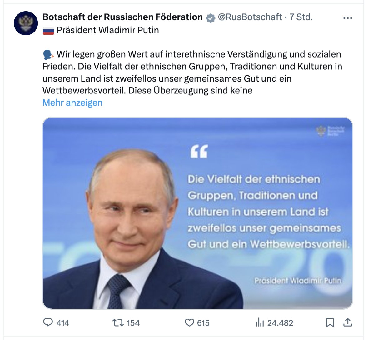 Putin lügt. Fakt ist, Russland fährt gegenüber seinen autochthonen Völkern seit Jahrhunderten eine Politik der Ausbeutung und kulturellen Ausrottung – und die wurde unter Putin nur noch schlimmer. Drei Beispiele: --> Alle müssen in der Schule Russisch lernen. So beispielsweise…