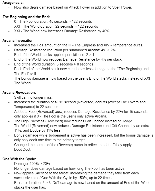 Looks like the changes to Arcana Invoker accidentally rolled to a few servers (Saf/Gal/Twilly). The class is in a state we're pretty happy with, but it may receive some additional adjustments. Here's the unofficial-official list of changes: