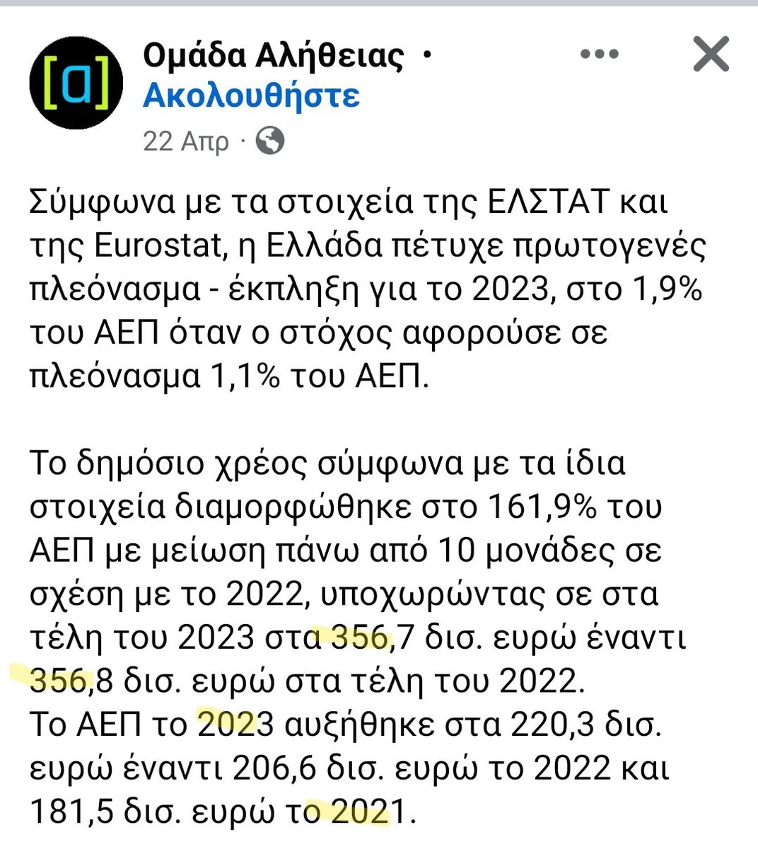 Να εδώ, οπαδοί του 'επιτελικού κράτους' (sic & lol) πανηγυρίζουν που το χρέος μειώθηκε κατά 0,1 δις € (σε σύνολο 356!) κ που το ΑΕΠ αυξήθηκε σε σχέση με το τελευταίο έτος του κορωνοϊού.
Η χώρα παραπαίει μεταξύ ύφεσης κ ισχνής ανάπτυξης, αιμορραγωντας δημογραφικά κ αυτοί γλεντάνε