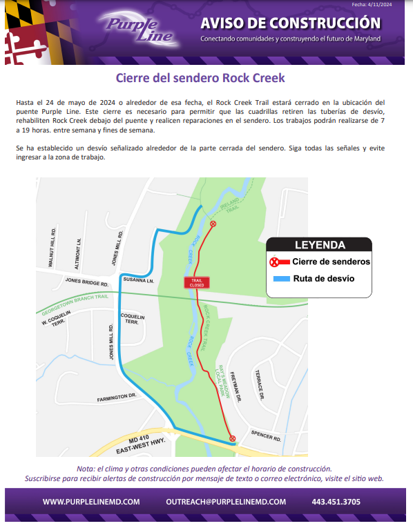 🚧Update-New Date🚧
Until on or about May 24, 2024, the #RockCreek Trail will be closed at the location of the @PurpleLineMD Bridge.🌟Note: This detour will be in place for @BikeToWorkDay 🚵‍♀️❗️
👷‍♂️Work Hours⌚️7:00am to 7:00pm on #weekdays and #weekends 🔗tinyurl.com/bd56j567