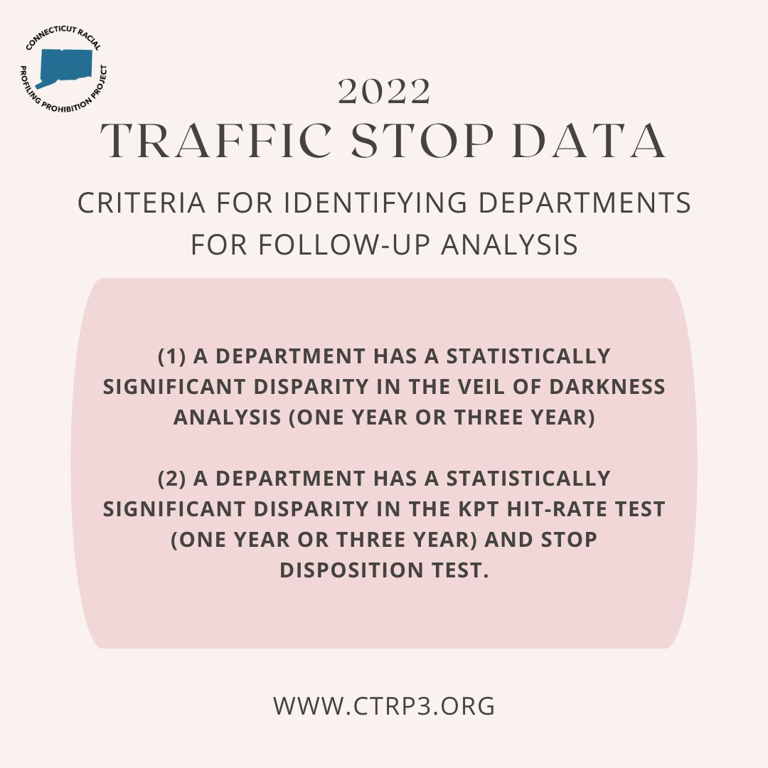 This is the criteria used to identify departments for follow up analysis.

Find more information at ctrp3.org

#CTRP3 #RacialProfiling

@UConnSPP