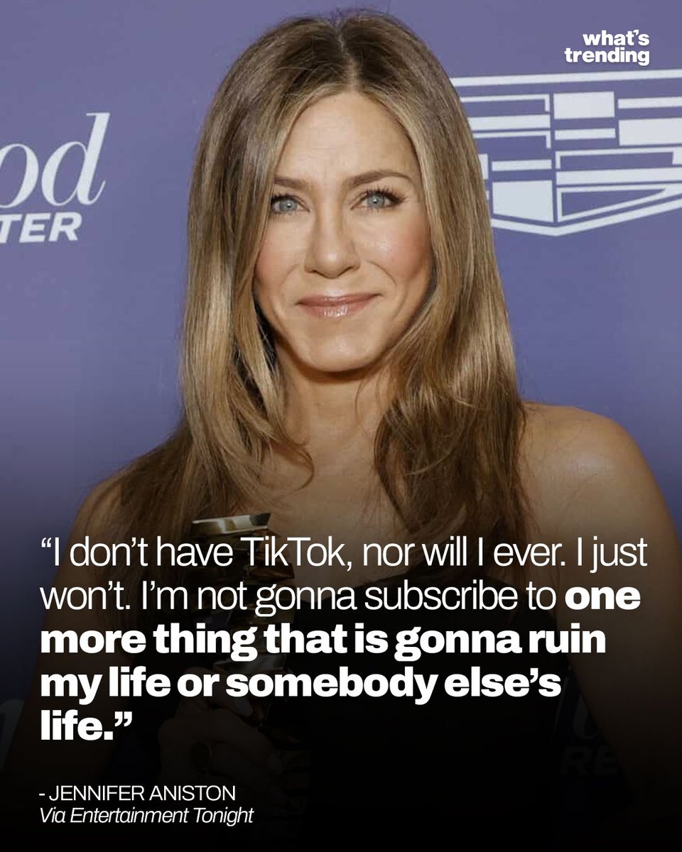 Jennifer Aniston just gave a few reasons why you will never ever see her on the social media app TikTok.

🔗: whatstrending.com/jennifer-anist…