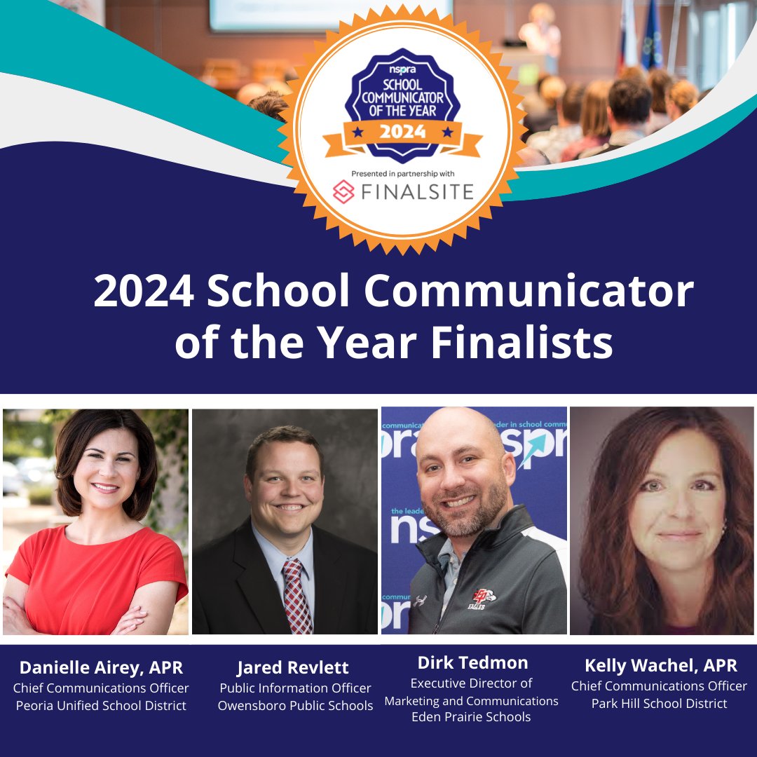 🌟🌟 Congratulations to the four finalists — and ALL 27 nominees — of NSPRA's inaugural School Communicator of the Year Award, presented in partnership with @Finalsite! @dmarieairey @ops_pio @DirkTedmon @KellyWachel 🌟🌟 

Read more about the nominees at bit.ly/3wjr2M2