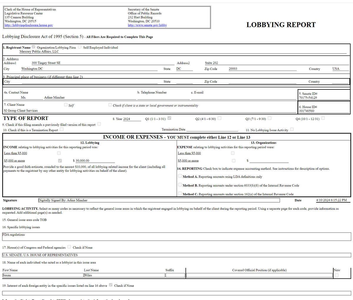 While she was running Trump's campaign during the first 3 months of this year, Susie Wiles (@Susie57) was paid $30k through her firm (Mercury Public Affairs) by the Big Tobacco company Swisher International to lobby Congress on FDA regulations. lda.senate.gov/filings/public…