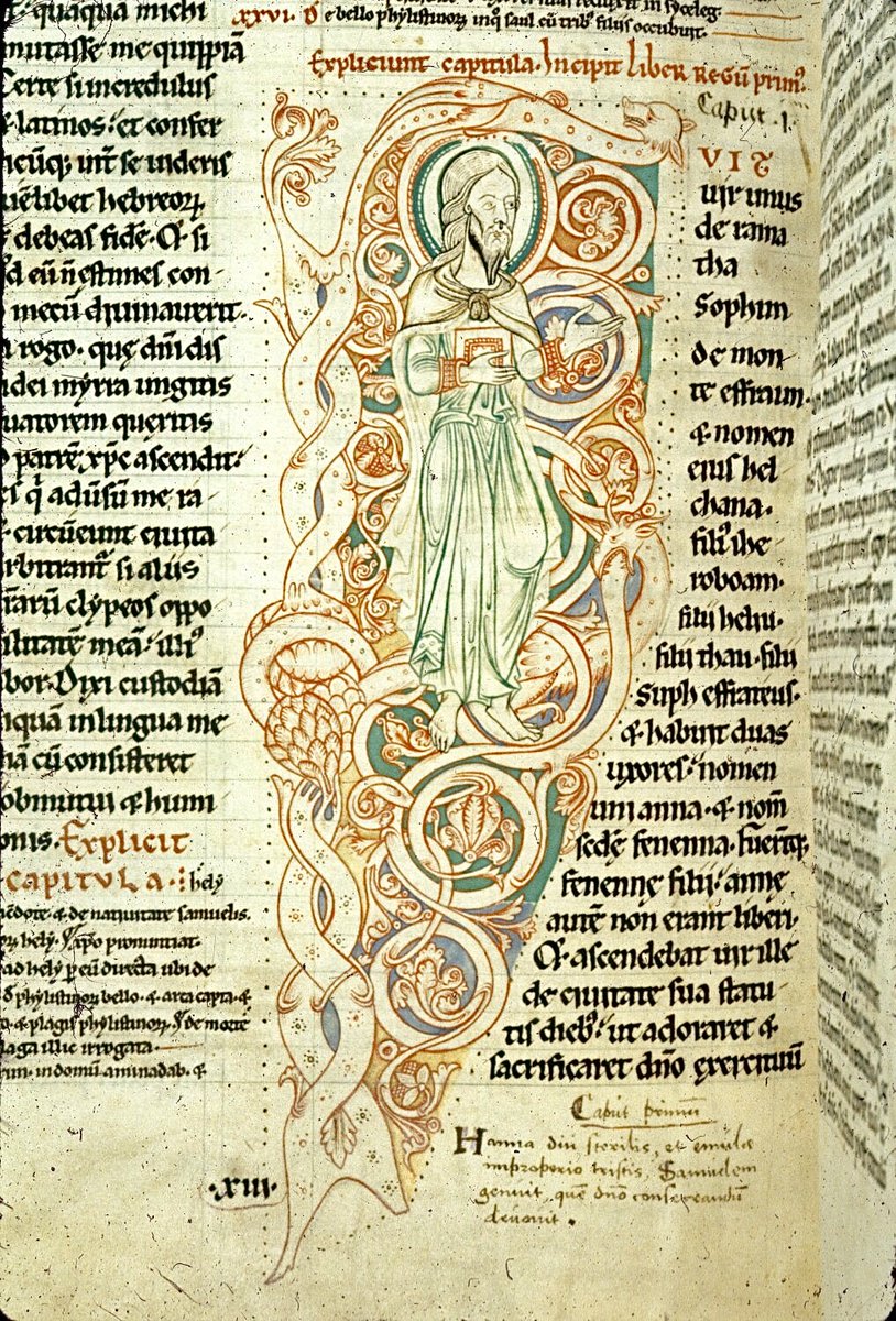 The 'Arnstein Bible' presents us with this standing figure in the ornate initial 'F'(uit) at the beginning of 1 Regum (1 Samuel). BL Harley 2798; The 'Arnstein Bible'; 12th century; Germany, W. (Arnstein); f.102v @BLMedieval