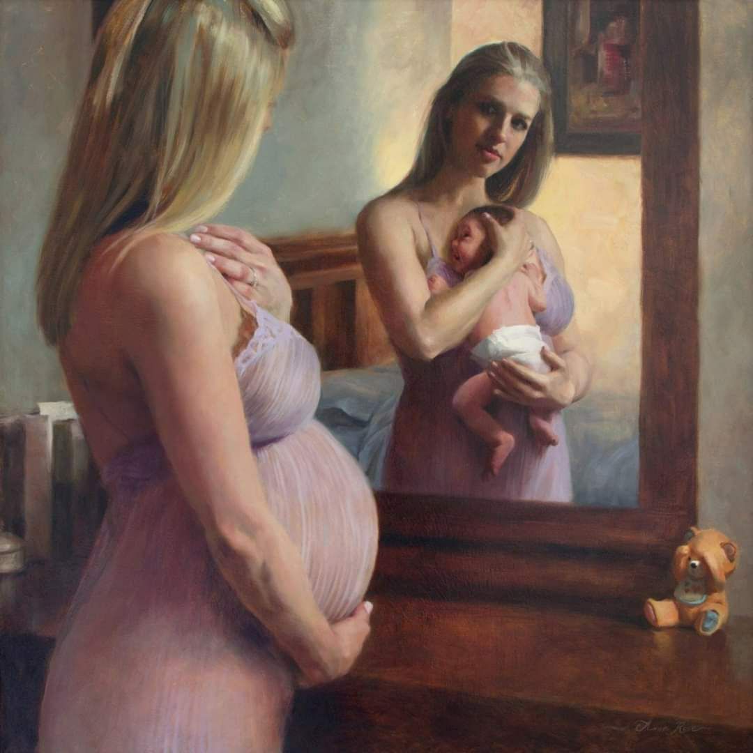 American painter Anna Rose Bain began painting this painting when she was 34 weeks pregnant and finished when her daughter was 2 weeks after birth. The painting was titled 'Expectation and Reward'.