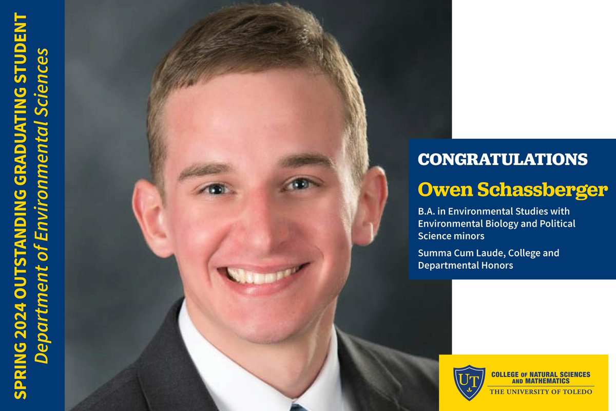 In this week leading up to <a href="/UToledo/">The University of Toledo</a> graduation we are honoring our Spring 2024 Department Outstanding Graduating Students! Today we are recognizing Owen Schassberger for this achievement! Hear from Owen about his time at #UToledo: bit.ly/3QuiGbo <a href="/WDHintz/">Bill Hintz</a> #UToledo24