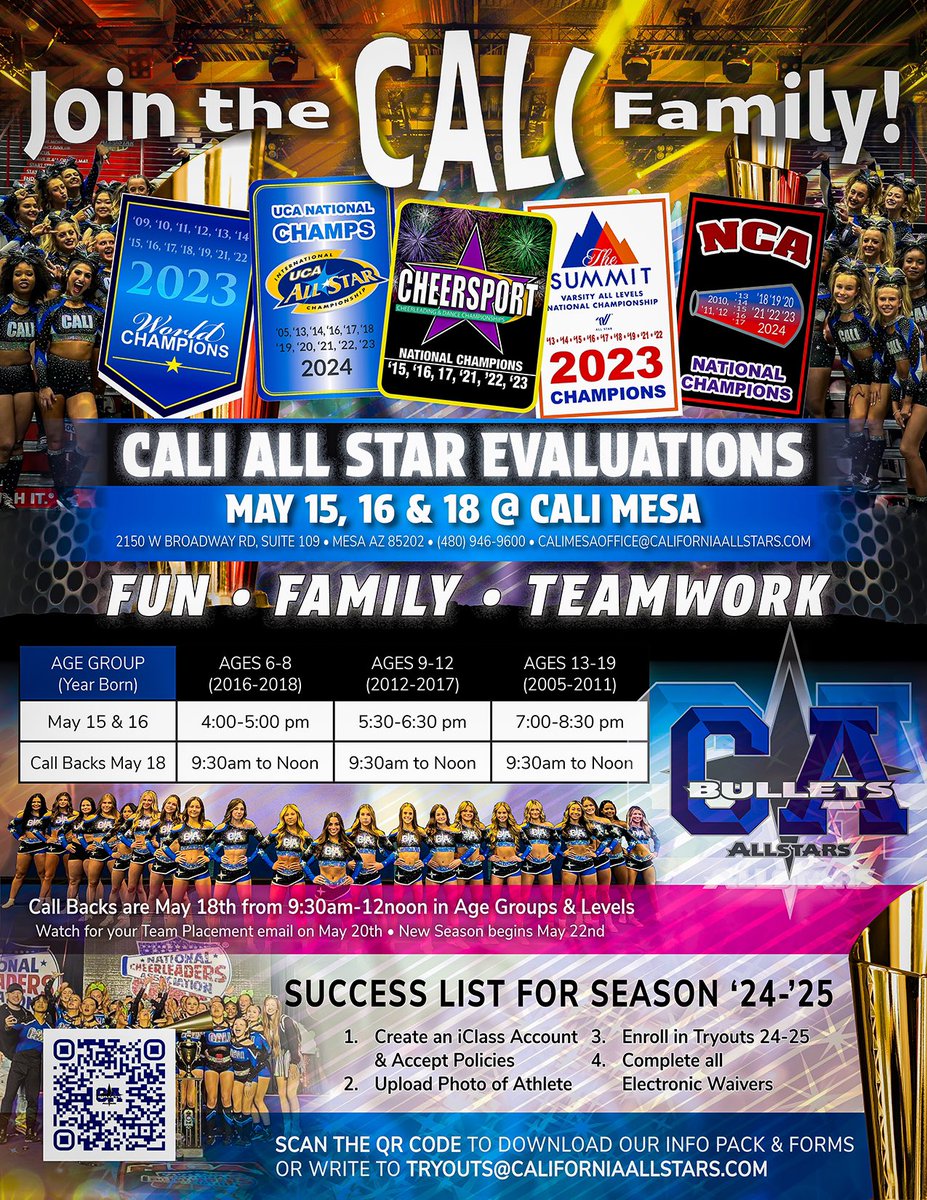 CALI MESA TRYOUTS! DATES/AGE GROUPS: 🥇 5/15 4-5pm Ages: 6-8 5:30-6:30p Ages: 9-12 7:00-8:30p Ages: 13-19 🥇5/16 4-5pm Ages: 6-8 5:30-6:30p Ages: 9-12 7:00-8:30p Ages: 13-19 🥇5/18 Call Backs from 9:30am-12pm in Age groups & Levels 🌟Flyer Tryouts 🌟Worlds CALL BACKS