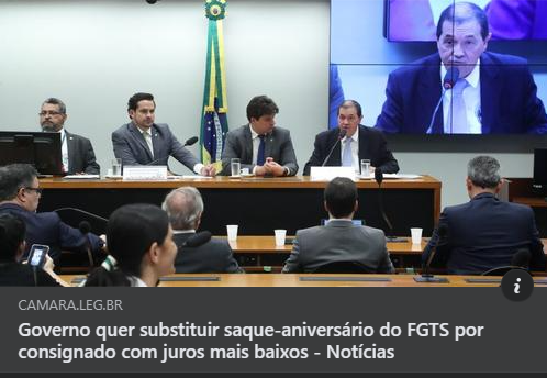 O Ministério do Trabalho e Emprego informou que pretende acabar com o saque-aniversário do Fundo de Garantia do Tempo de Serviço (FGTS) e, em seu lugar, criar um empréstimo consignado ao trabalhador por meio do E-Social. camara.leg.br/noticias/10570…