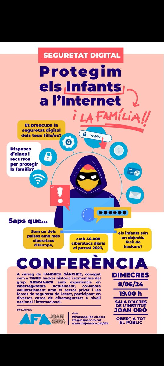 INSJoanOro's tweet photo. Disposeu d'eines i recursos per protegir la vostra família en el món virtual?

📆 Dimecres 8️⃣ de maig
⏰️19h
📍I. Joan Oró
🗣 A càrrec d'Andreu Sánchez (Tanis)
Organitza: AFA Institut Joan Oró

Podeu formular les vostres ❓️ aquí 👉🏻: https://t.co/0LH1MScpmz

#SomMésHumans➕❤️ https://t.co/ixzrnfmX73