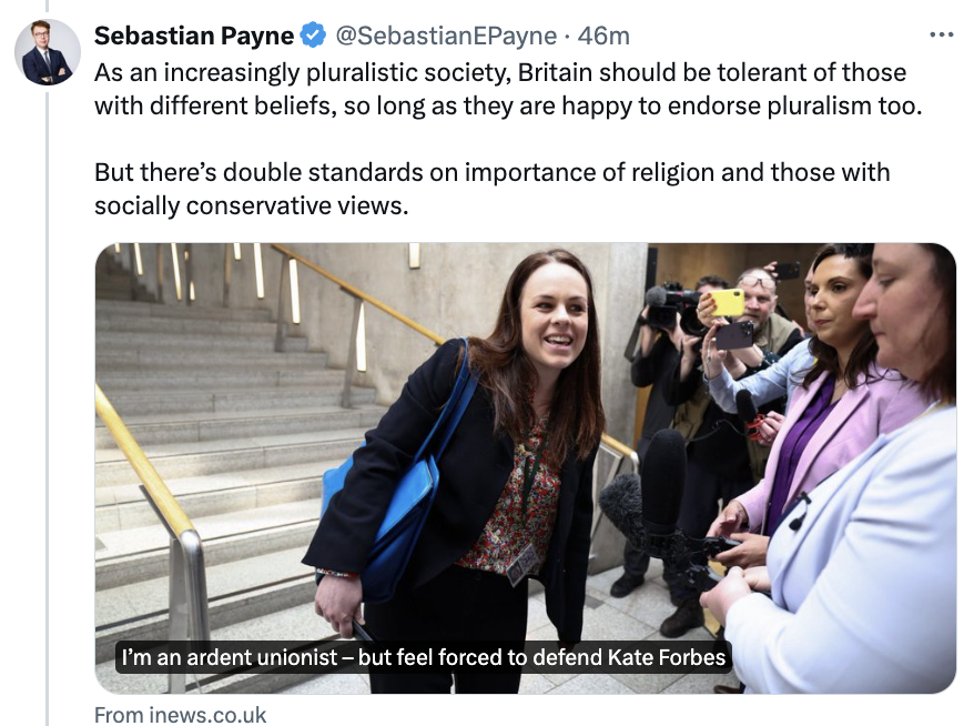 This argument falls over when you remember that Forbes has been pretty honest about how her religious beliefs would affect her voting. Spoiler alert: it ain't pluralism!