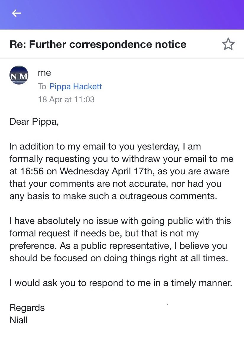 @greenparty_ie @paulinegalway @RoisinGarvey @oharamal @pippa_hackett Pippa doesn’t respond to emails from families in her county trying to do what is right. You can see an example below, she wants to protect the HSE CHO8 chief officer, regardless of her actions. She ignored factual evidence