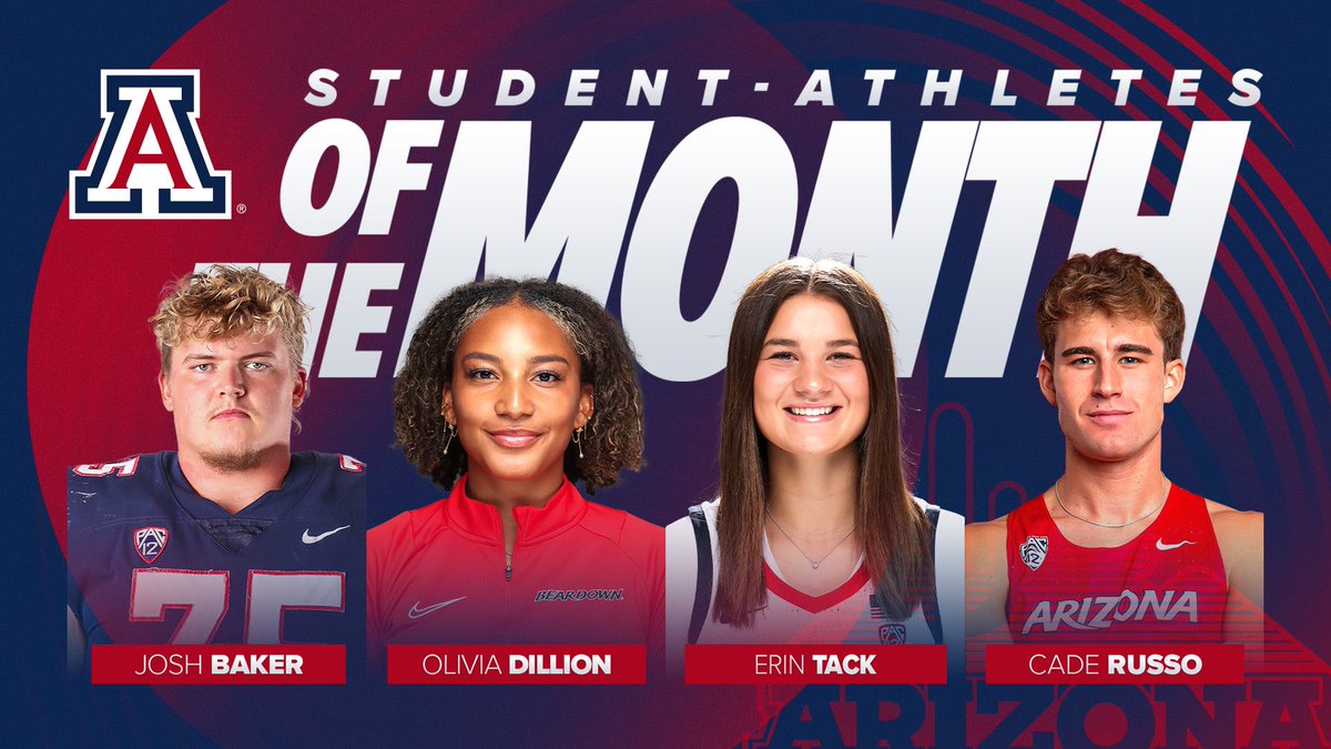 We are proud of our Student-Athletes of the Month! Their dedication and hard work is shown in everything they do! 📚

Olivia Dillion @ArizonaTrack 
Erin Tack @ArizonaWBB 
Josh Baker @ArizonaFBall 
Cade Russo @ArizonaTrack 

#CATSAcademics #AprilSATM