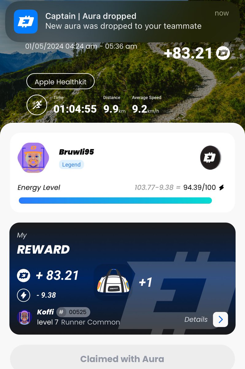 Doing what I can for my team with @DEFITofficial 18 aura drops for April, and off to a good start in May with an aura drop, fitbag, and aura claimed from @0xDebeliou 😄 #m2e #MoveToEarn #Defit #Fitness #Web3 Join my team! code: 1A7BF0FC