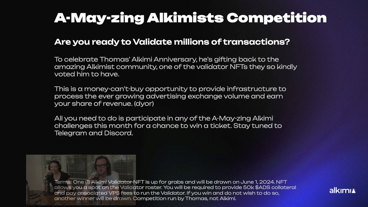 ThomasScovell's tweet image. To celebrate my Alkimi Anniversary this month I&apos;m giving away an @AlkimiExchange  Validator NFT.

This is a money-can’t-buy opportunity to provide infrastructure to process the ever growing advertising exchange volume and earn your share of Alkimi&apos;s revenue. (dyor) $ADS #rwa