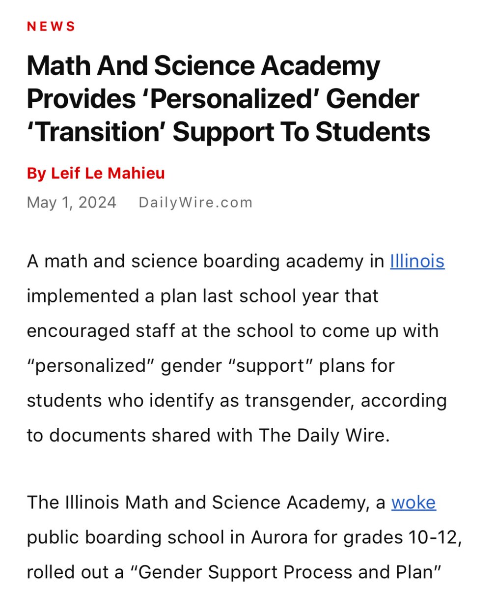 IL’s top STEM school, where students live on campus, has a gender support plan that allows the school to keep a child’s transition a secret from parents.