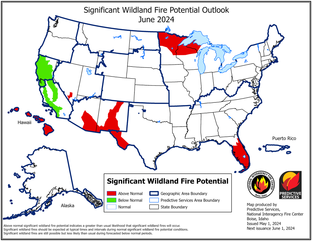 🔥The National Significant Wildland Fire Potential Outlook was released for May through August 2024. 🔥
Read more about it here ➡️nifc.gov/nicc-files/pre…
#FireYear2024 #NationalWildfireAwarenessMonth #WildfireAwareness
