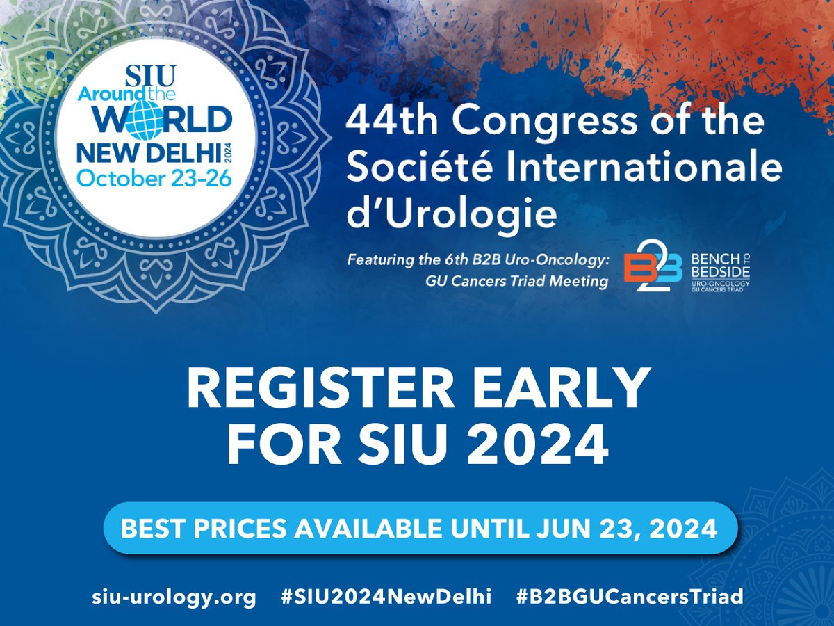 📢 REGISTRATION OPEN! Don’t miss the opportunity to meet your colleagues, friends, and mentors in India for #SIU2024NewDelhi. ✉︎ Join our mailing list: bit.ly/3piggC8 ✍Register early to save! bit.ly/4cGj6Vx #SIUWorld #B2BGUCancersTriad