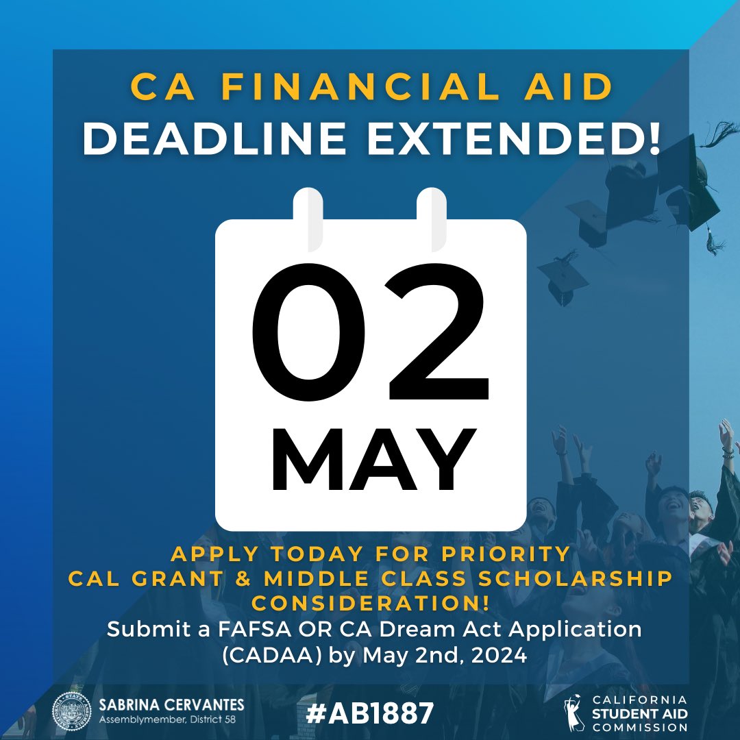 🚨STUDENTS: TOMORROW is the deadline to complete the #FAFSA to apply for state financial aid like the Cal Grant & Middle Class Scholarship! Students from mixed-status families can also use the CA Dream Act Application to apply for financial aid at: dream.csac.ca.gov 1/x