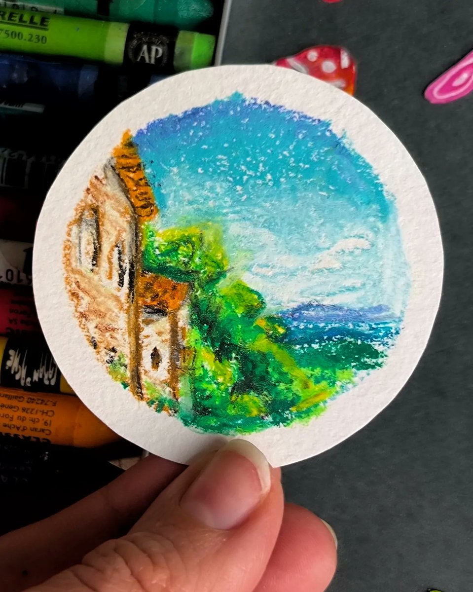 122/366 Georgia memories 😌 Centuries old buildings and mountains 🏔️ 
#366rounds #oilpastels #tinypainting