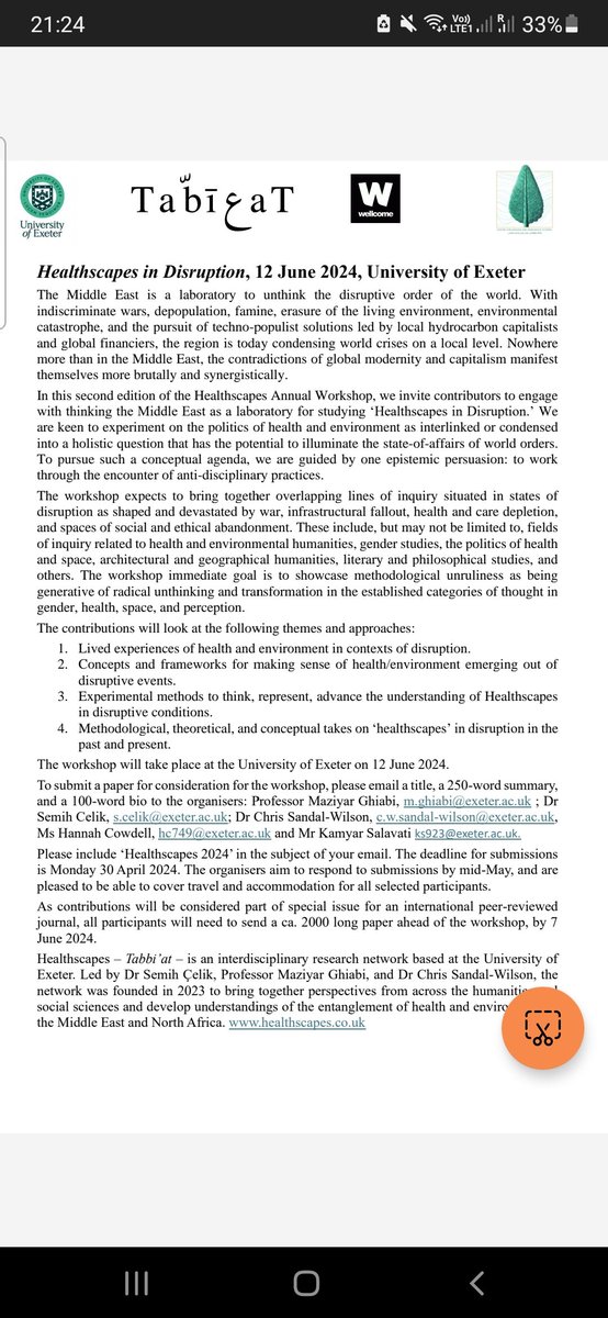 We are extending the deadline for our Call for Participation in the 2024 Healthscapes workshop to May 14. All those interested in the politics of health amd environment in the Middle East and North Africa are welcome to send an abstract. Event will be on June 12 ar Exeter.