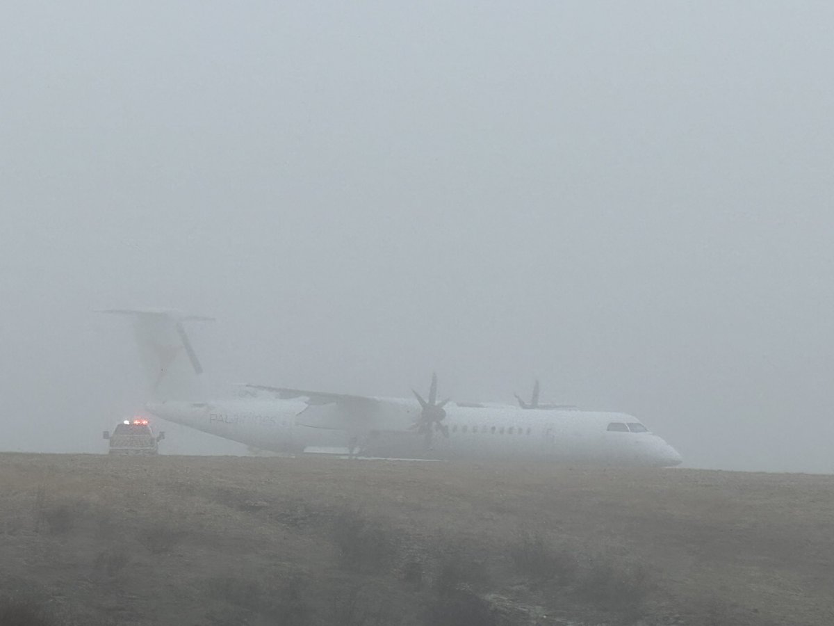 PAL Airlines DHC-8-400 (C-GPNE, built 2007) overran the end of the runway at St.John's Intl Airport(CYYT), NL, Canada. All aboard flight #PB3072 from Halifax remained safe. Local visibility conditions comprised only 1/8 of a mile at the time of the landing. 
@VOCMNEWS…