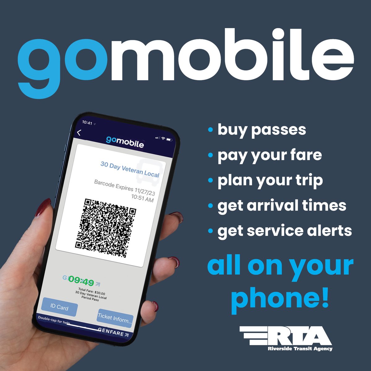 Download the GoMobile app today! GoMobile is Riverside Transit Agency's official transit app and your partner for riding the bus.😎📱