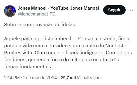 Não, Ciro Gomes pintado de vermelho, eu não fiquei bravo com seu vídeo. Eu estou contestando seu argumento, porque considero sua premissa equivocada. Você fez um vídeo inteiro atribuindo à esquerda a responsabilidade por fomentar o ódio regional, ignorando completamente o…