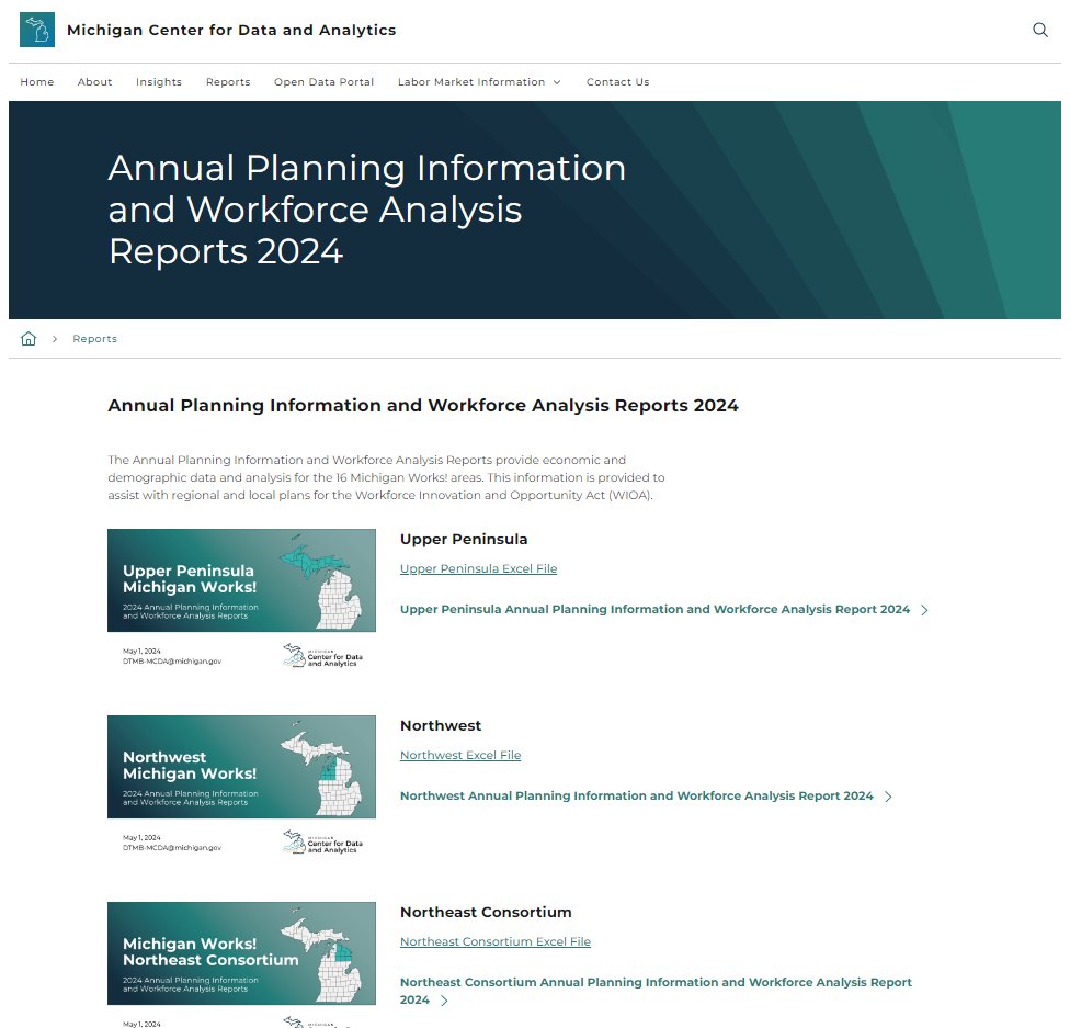 The @MiDataAnalytics team has released the 2024 Annual Planning Information and Workforce Analysis Reports for Michigan. These reports are issued every two years and provide economic and demographic data and analysis for the 16 Michigan Works! areas. michigan.gov/mcda/reports/a….