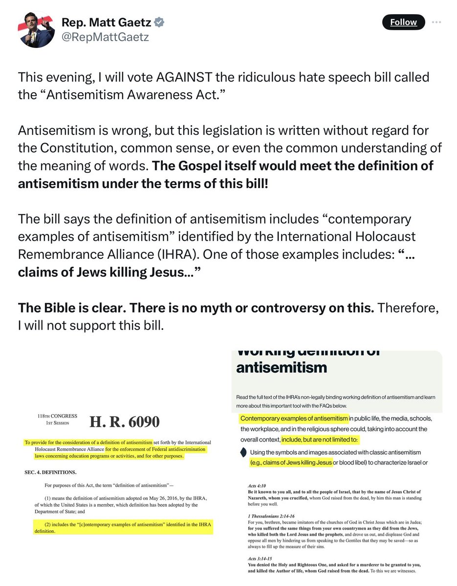 Rep. Matt Gaetz slams bill to classify saying Jews killed Christ as antisemitism. “The Bible is clear. There is no myth or controversy on this.” Follow: @AFpost