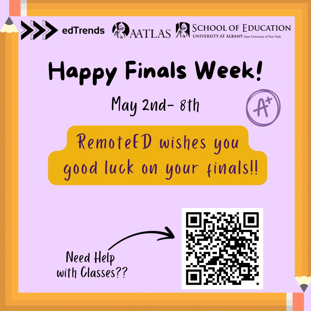 With finals week approaching, RemoteEd will like to wish everyone good luck on your finals. Scan the code for help with studying and classes in general. Here’s also a link to a video that has tips on studying habits: tiktok.com/t/ZTLx6keu6/ Happy studying! #finalsweek