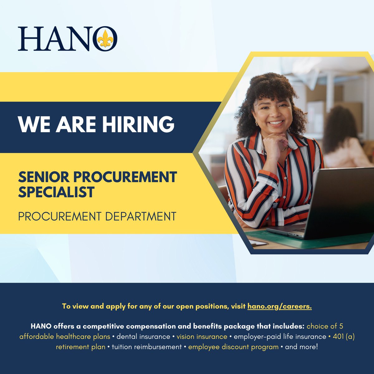 (1/2) Happy #WorkforceWednesday! Join the HANO team as a Senior Procurement Specialist!  Under the guidance of the Procurement Manager, you'll coordinate daily office activities, manage budgets, and implement organizational processes.