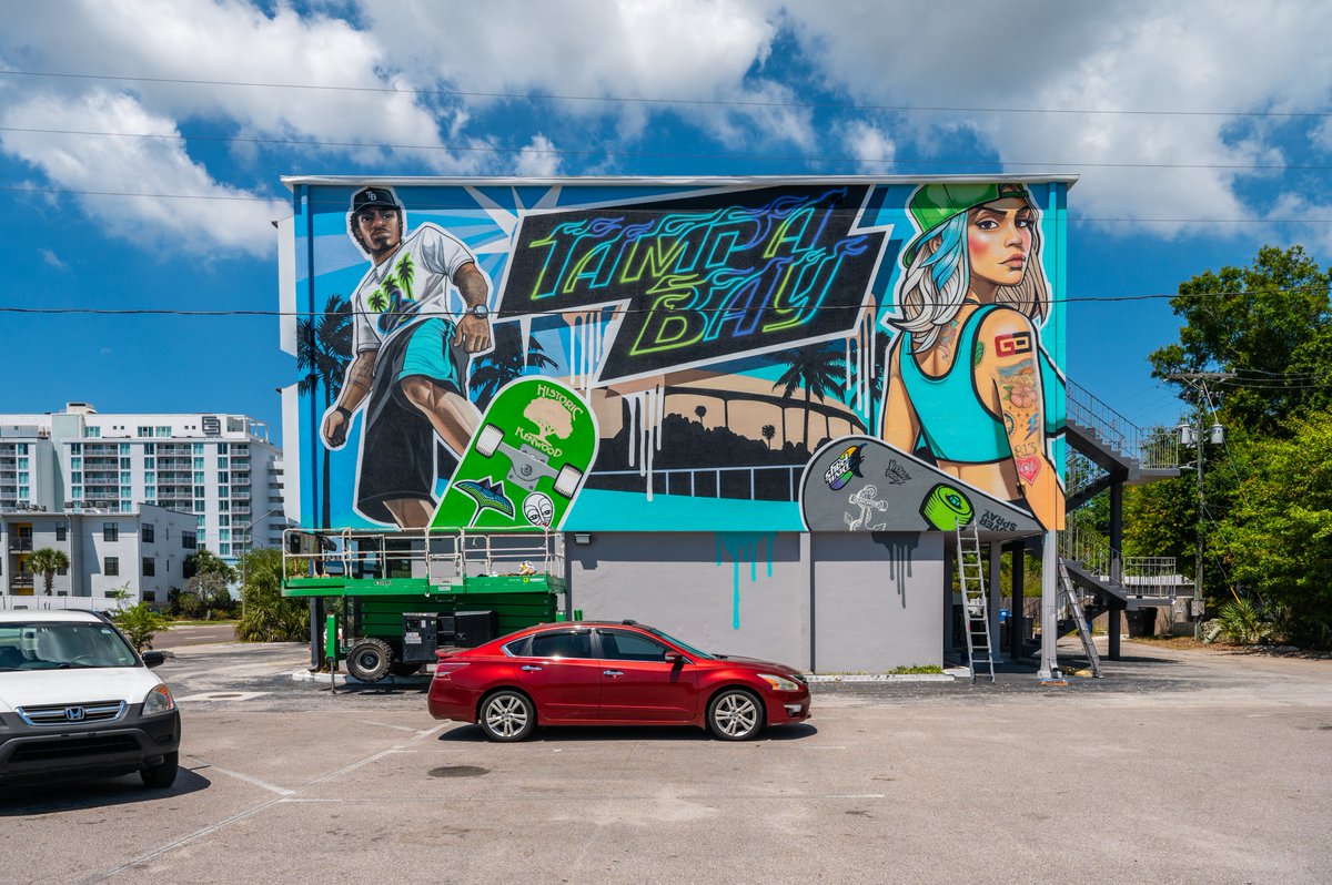 The official @RaysBaseball City Connect mural painted by the legendary Vitale Bros is complete! This new Grit & Glow mural perfectly captures the independent, underground spirit of Tampa Bay, and our defiantly bold, bright, and vibrant home! ⚾️🌴🛹 #RaysUp 

📍  3125 5th Ave N