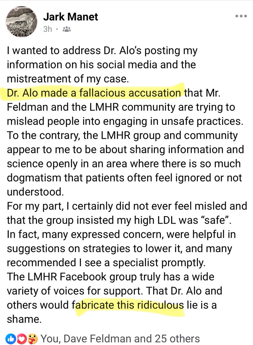 Those who misrepresent the #LMHR literature and/or positions of the LMHR researchers are a major source of confusion and polarization. “Dr Alo and others would fabricate this ridiculous lie…” Sadly, this is not an isolated example. (Shared with permission)