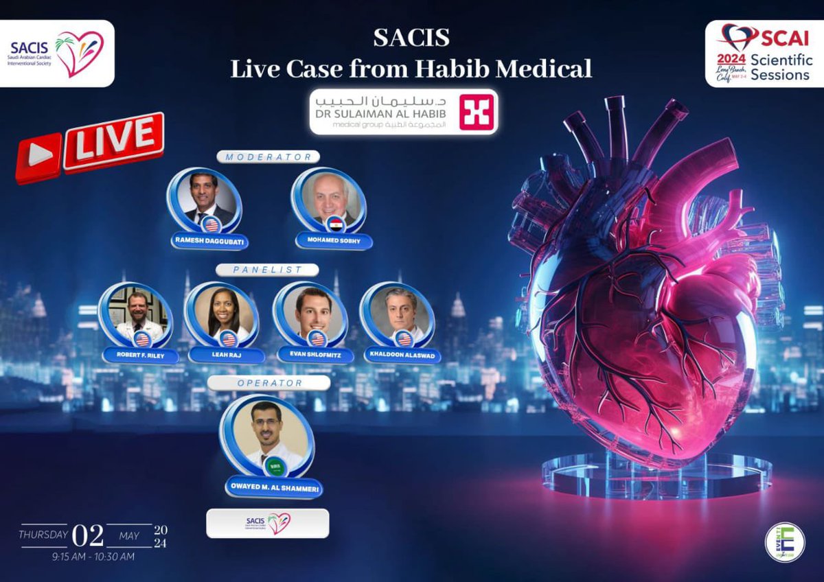 SACIS continues its decade long partnership with @SCAI at the annual #SCAI2024 sessions in Longbeach, CA 🔺Global Exchange Forum w #CVIT 🇯🇵 Saleh AlShalash Consultant IC at King Salman Heart Centre at @KFMC_RIYADH Riyadh 🇸🇦 🔺Live Transmission by @DrOwayed Consultant IC at