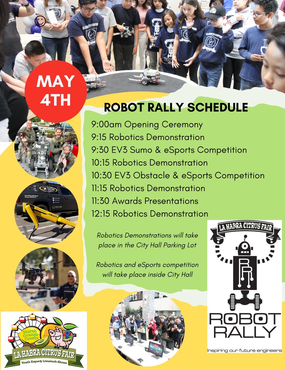 🤖 Join us for the Robot Rally on May 4th at the Citrus Fair! Witness our LHCSD students showcase their robotics and eSports talents. Let's cheer them on at the @LaHabraCA City Hall Building starting at 9 AM with the Opening Ceremonies. Don't miss the fun! 🚀 #LHCSD #CitrusFair