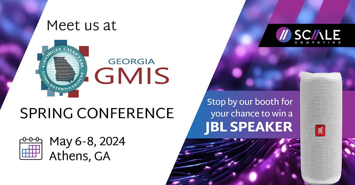 The Scale Computing team will be at the 2024 Georgia #GMIS Spring Conference starting May 6th! If you'll be at the Athens, GA event, come meet Tom Roeder and Brent McCleerey our booth for your chance to win a JBL Speaker! bit.ly/3xUqufX