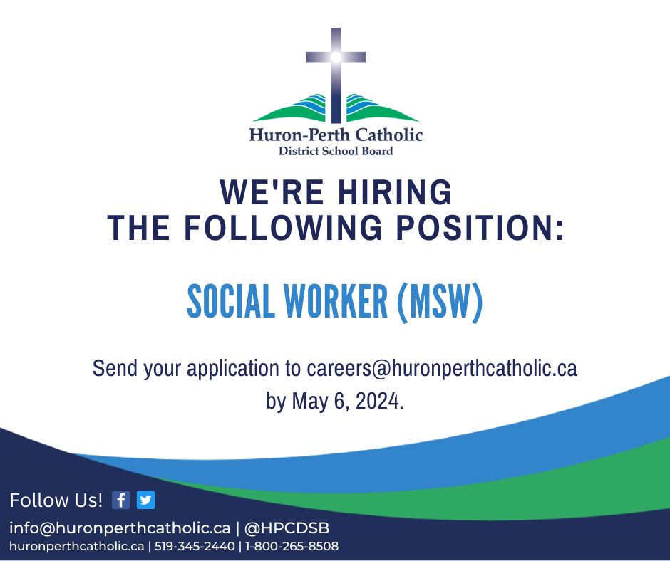 We're hiring a Social Worker (MSW)! Interested in the position or know someone who may be qualified? Apply by May 6, 2024 or share the posting with family, friends, and colleagues! Visit our #HPCDSB website to apply: huronperthcatholic.ca/our-board/care… #nowhiring #JoinOurTeam