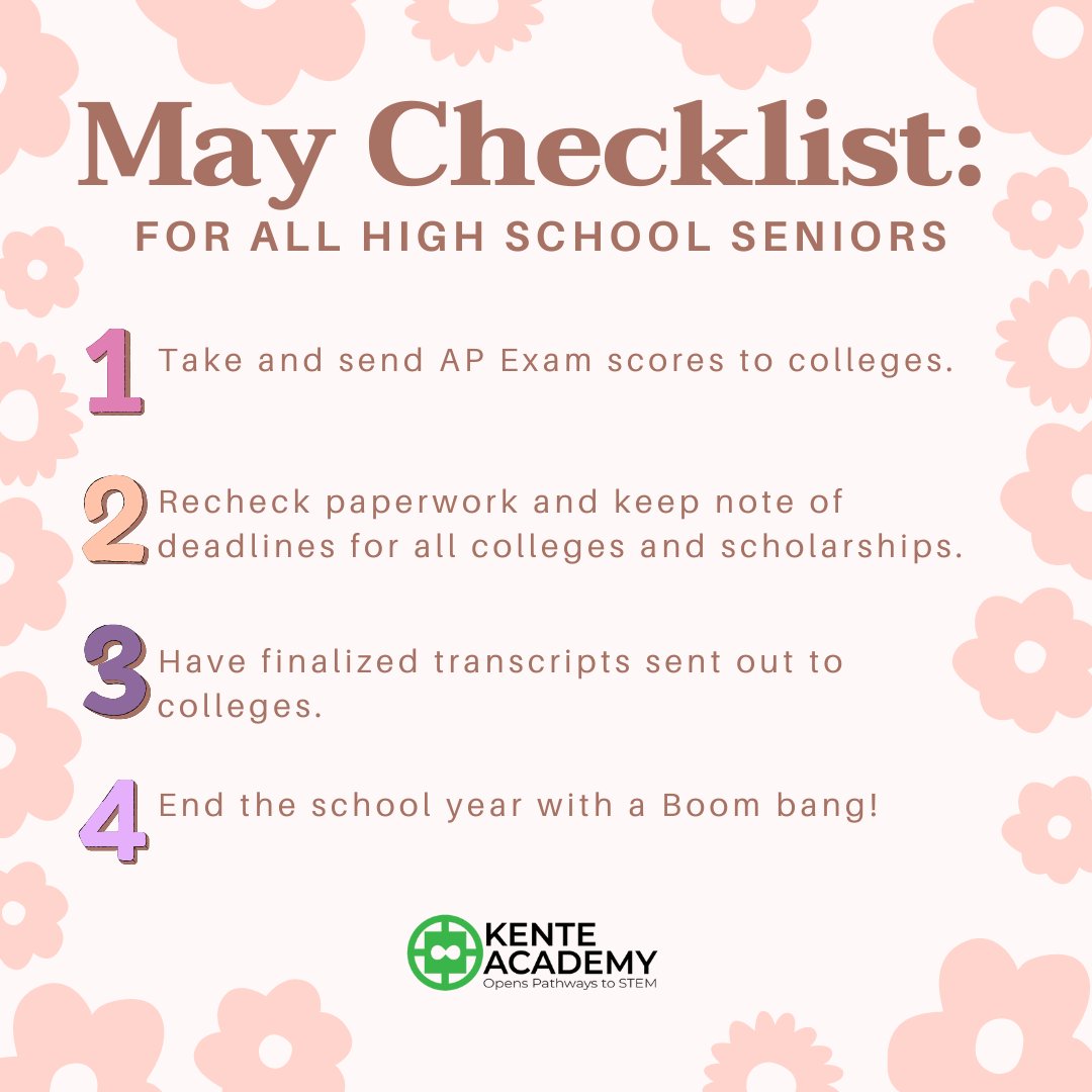 Here is the May checklist for all upcoming first-year college students (current high school seniors). Make sure to work hard all the way until the end, and have fun! #middleschool #highschool #college #stemeducation #collegechecklist #blackeducators