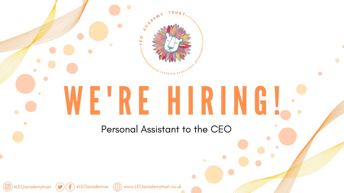 Our CEO is looking to appoint a PA. Come & help lead the exciting journey of our Trust. 📝 Personal Assistant to the CEO 📆 Start Date: 1/7/24 ⏰ 36 hours p/w, term time + 4 weeks 💷 Salary: £36k Apply by 13/5. 👉 leoacademytrust.co.uk/3143/personal-… #Learning #Excellence #Opportunity 🦁