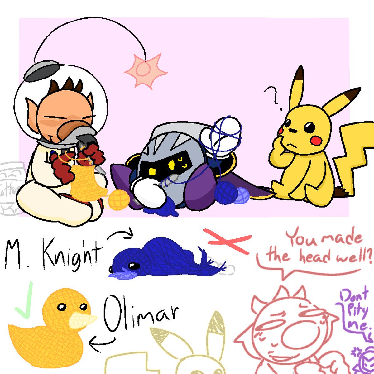 Olimar and MK knitting on a not date (+ pikachu) #SmashBros
