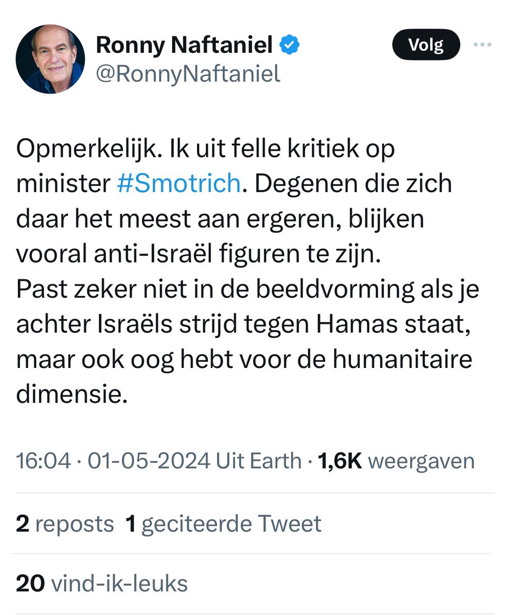 Nee leugenaar voor #ApartheidIsrael @RonnyNaftaniel. ‘Anti-Israël-figuren’ zien je voor de leugenaar die je bent en irriteren zich aan je politieke correctheid voor de bühne. Als er iemand in Nederland verantwoordelijk is voor Smotrich en de zijnen, dan ben jij dat.