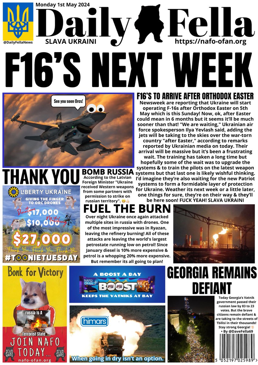 It’s Daily Fella time. Are F16’s coming to Ukraine next week?! russian refineries burn again causing a fuel crisis & Georgia stays strong! #GeorgiaWillBeFree #NoTorussianLaw #DailyFella #DailyFellaNews #SlavaUkraini #NAFO