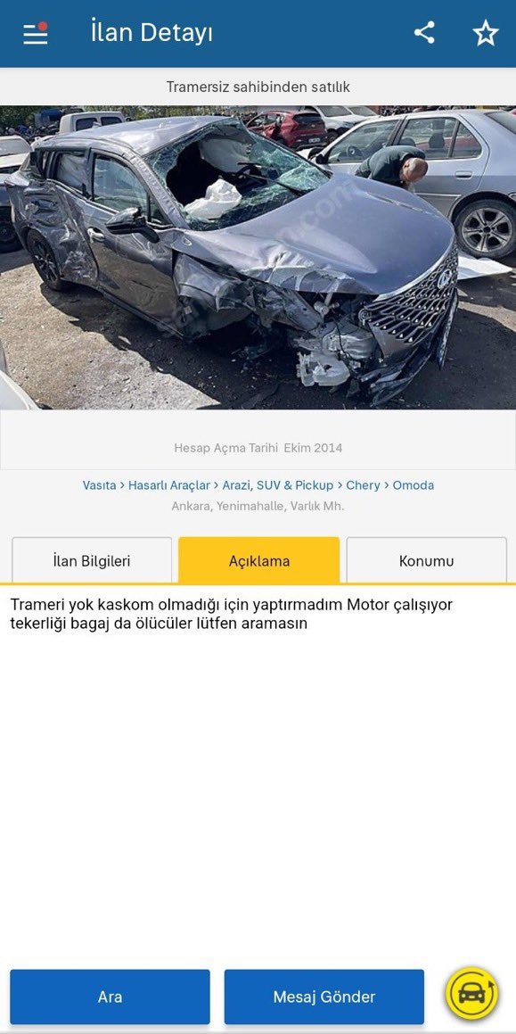 Sahibinden’de hasarlı aracına 610.000 TL isteyen bir satıcının notu:

“Motor çalışıyor, tekerlekler bagajda. Ölücüler lütfen aramasın.”