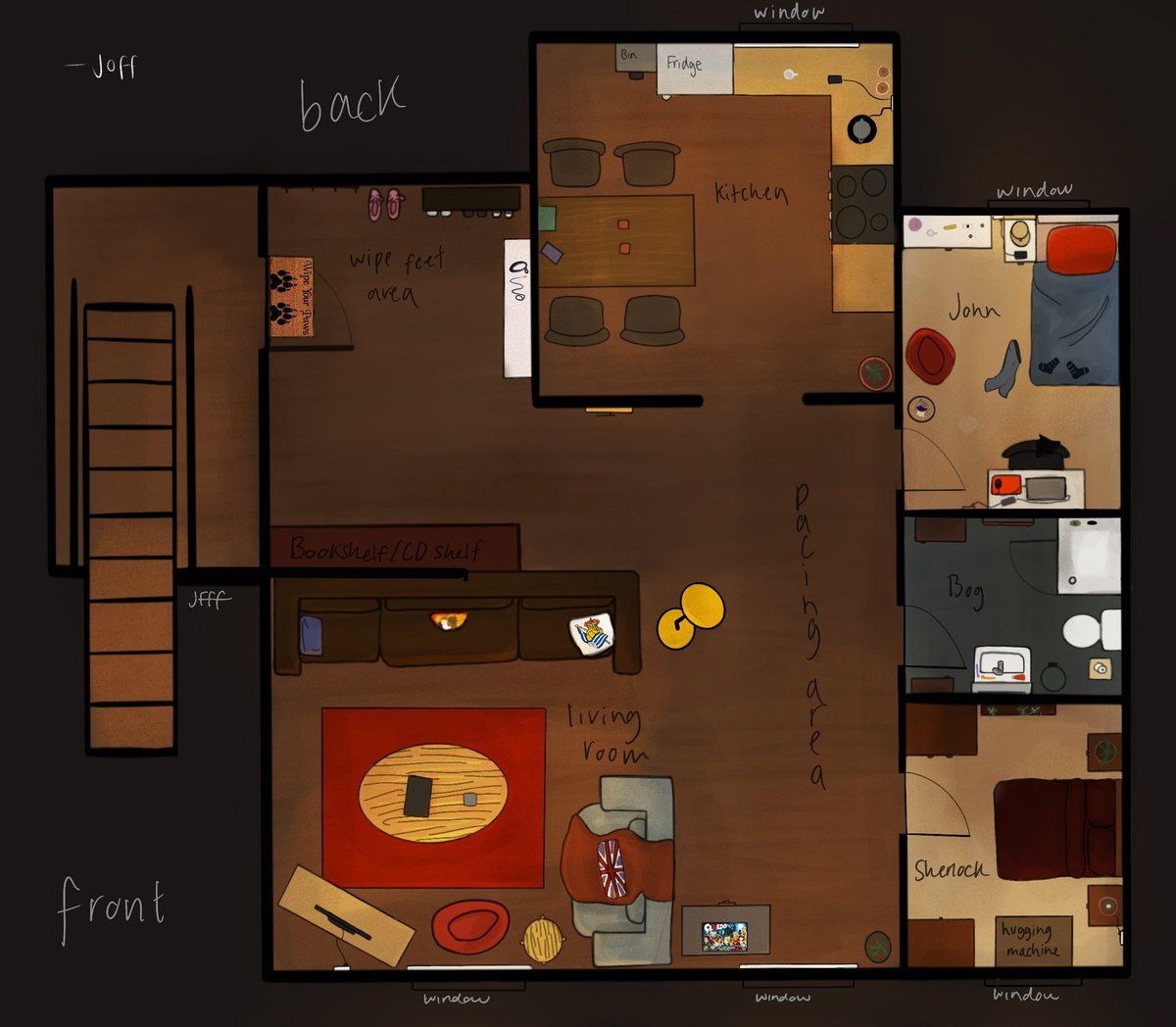 DocJWatsonMD's tweet image. EVERYONE has been asking (no one has asked) what our flat looks like. I described it in detail to @joffflock and he conjured this up for us all.

Now you know.