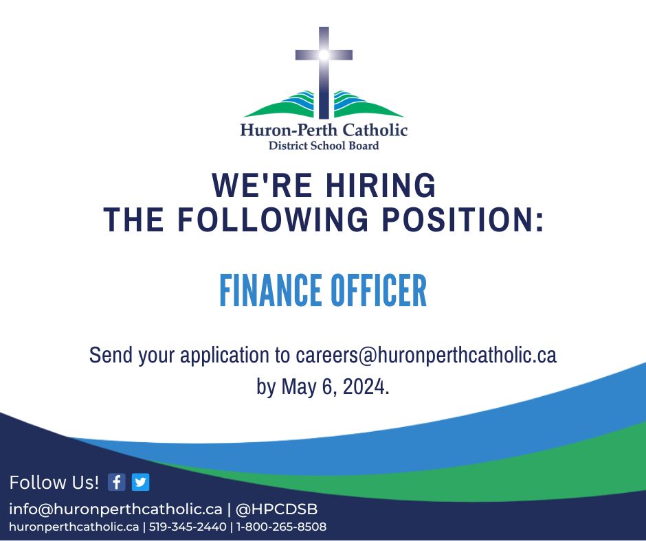 We're hiring a Finance Officer! Interested in the position or know someone who may be qualified? Apply by May 6, 2024 or share the posting with family, friends, and colleagues! Visit our #HPCDSB website to apply: huronperthcatholic.ca/our-board/care… #nowhiring #JoinOurTeam #Finance