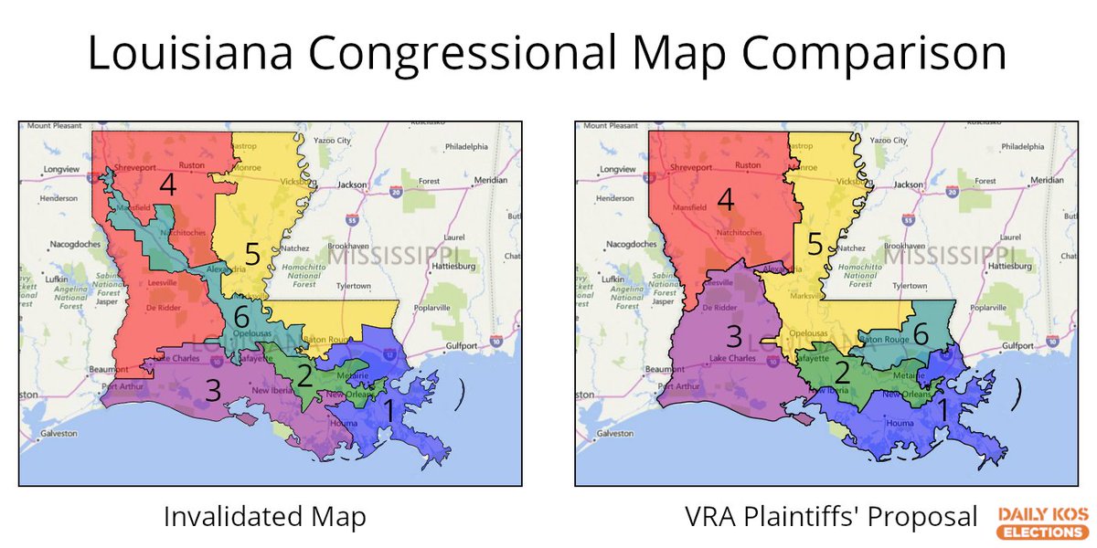 NEW: A court blocked Louisiana's new House map (left) for overly relying on race when making #LA06 majority-Black after a Voting Rights Act lawsuit. But there's a possible solution: VRA plaintiffs' proposed #LA05 (right) is more compact & majority-Black dailykos.com/stories/2024/5…