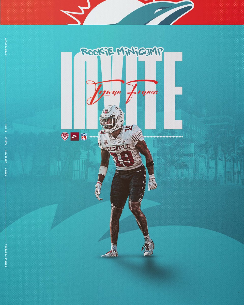 Invite alert 🚨 Tywan Francis was invited to attend Rookie Mini Camp with the @MiamiDolphins 😤💪 #TempleTUFF