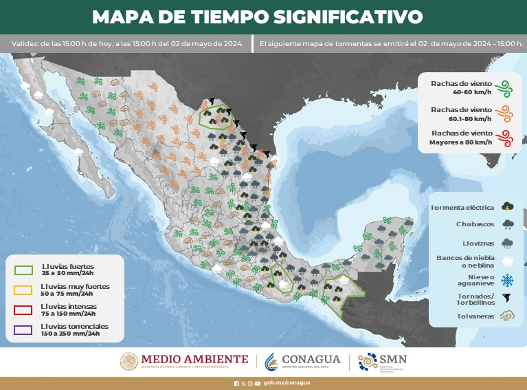 En el siguiente mapa de #México, consulta las condiciones de #Lluvia, #Viento, #Tolvaneras, #Torbellinos o #Tornados que se prevén para las próximas horas. 👀 Disponible en la siguiente liga ⬇️smn.conagua.gob.mx/es/pronosticos…