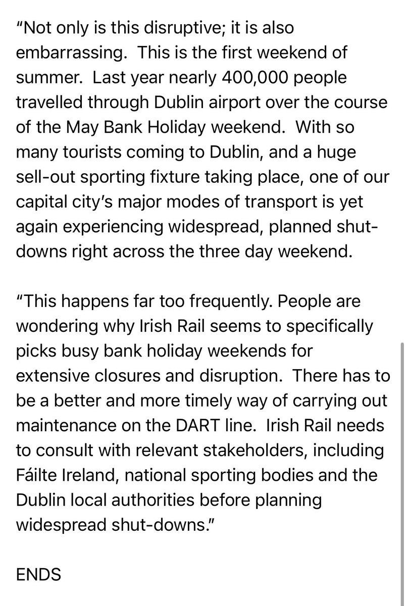 People are struggling to understand how @IrishRail can justify shutting down five Dart Stations on the southside of the city, and stopping all services between Dun Laoghaire and Greystones, for the full three days of the May Bank Holiday.

Read more 👇